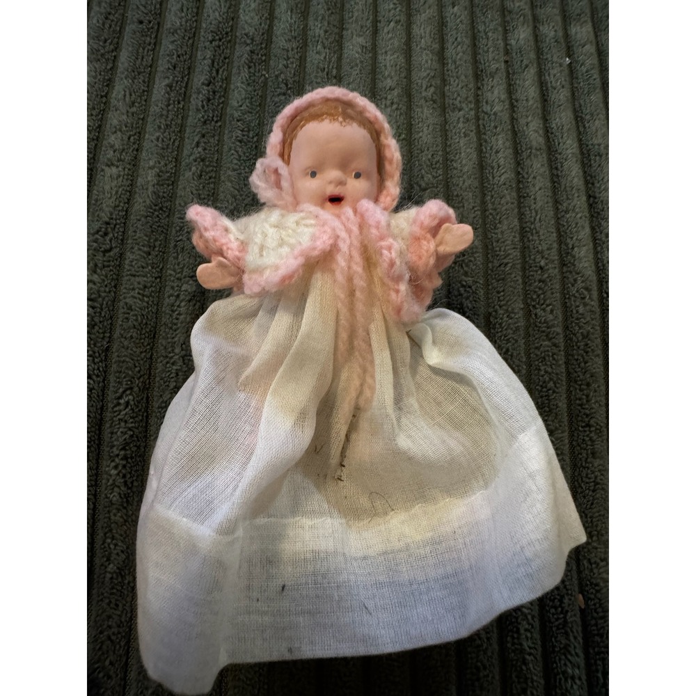 Vintage Miniature Doll Japan Ceramic Baby‎ Knit Outfit Small Collectible Toy